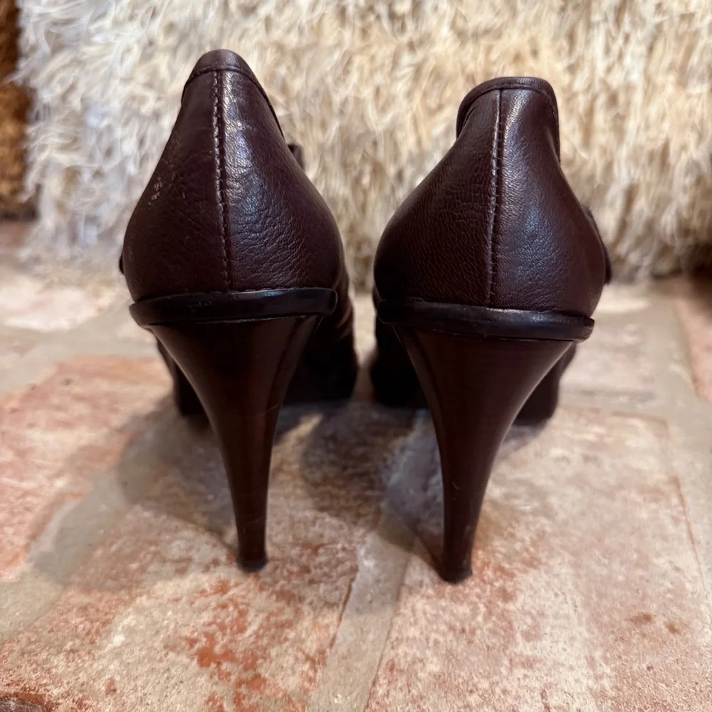 Brown Leather Gold Buckle Heeled Ankle Boo… - Picture 6 of 12